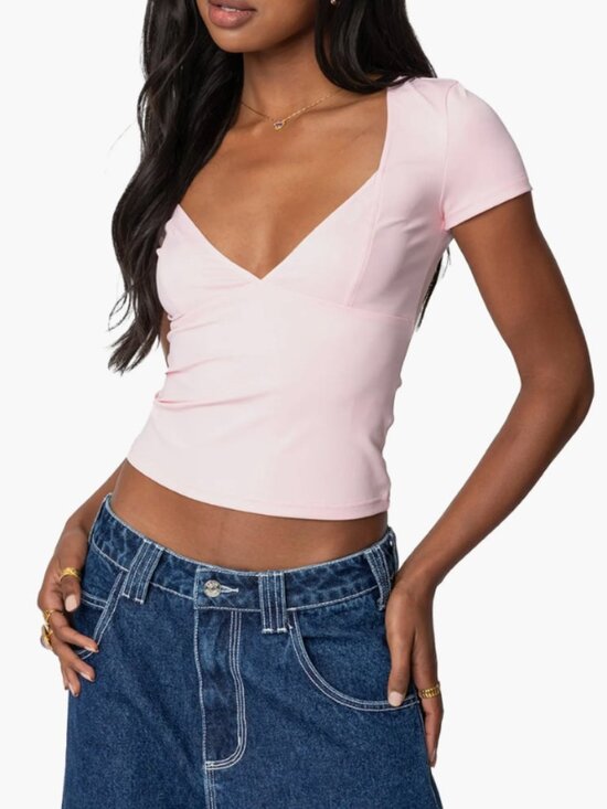 Edikted Tops - Edikted Katie V-Neck Top Small Light Pink Baby Tee Plunge NEW